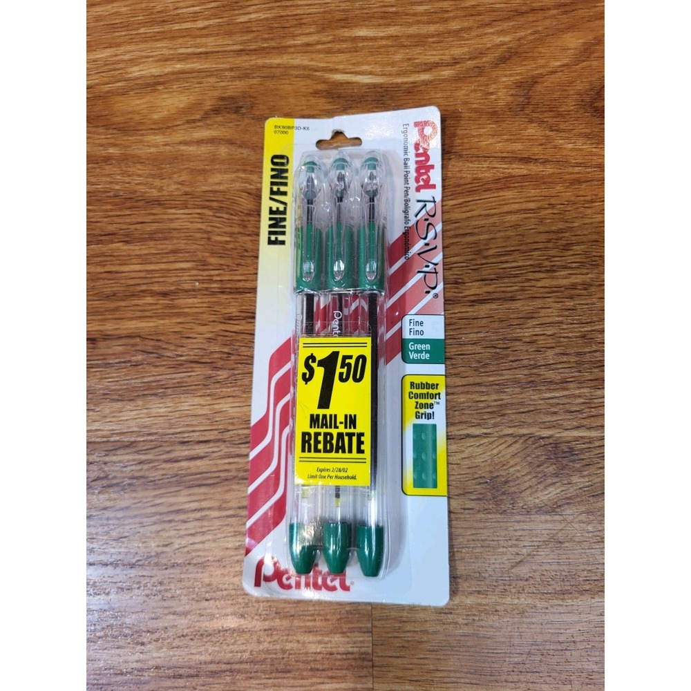 NEW Vintage Pentel RSVP Green Ball Point Pen Fine Capped 3 Pack‎